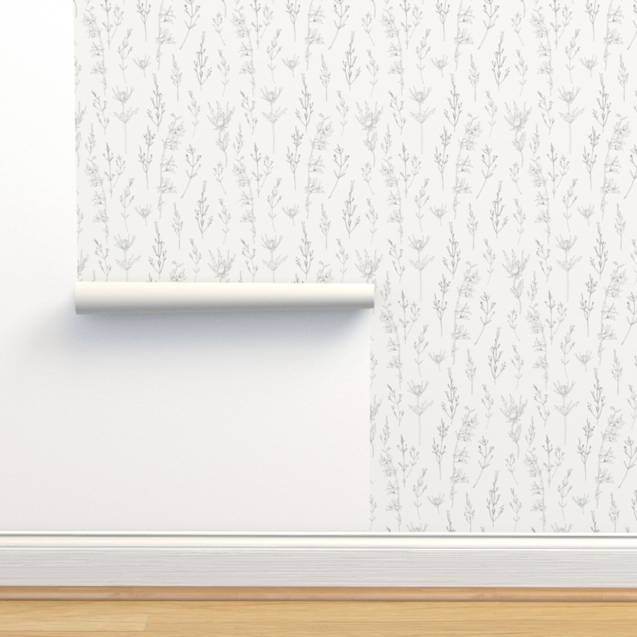 Neutral Weeds Minimal Woodland White Gray Hand Drawn Subtle Nursery Gender Neutral Organic Botanical Farmhouse Wildflowers Custom Removable Wallpaper by Spoonflower Peel & Stick Wallpaper 2FT Wide